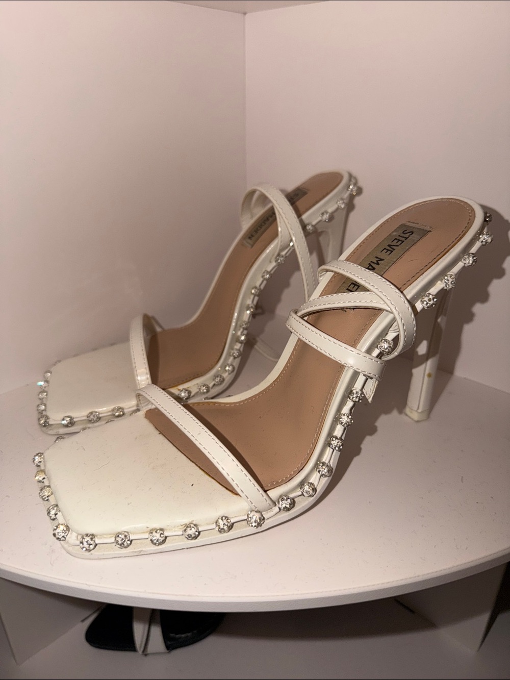 Steve Madden White Jeweled Strappy High Heel Sandals